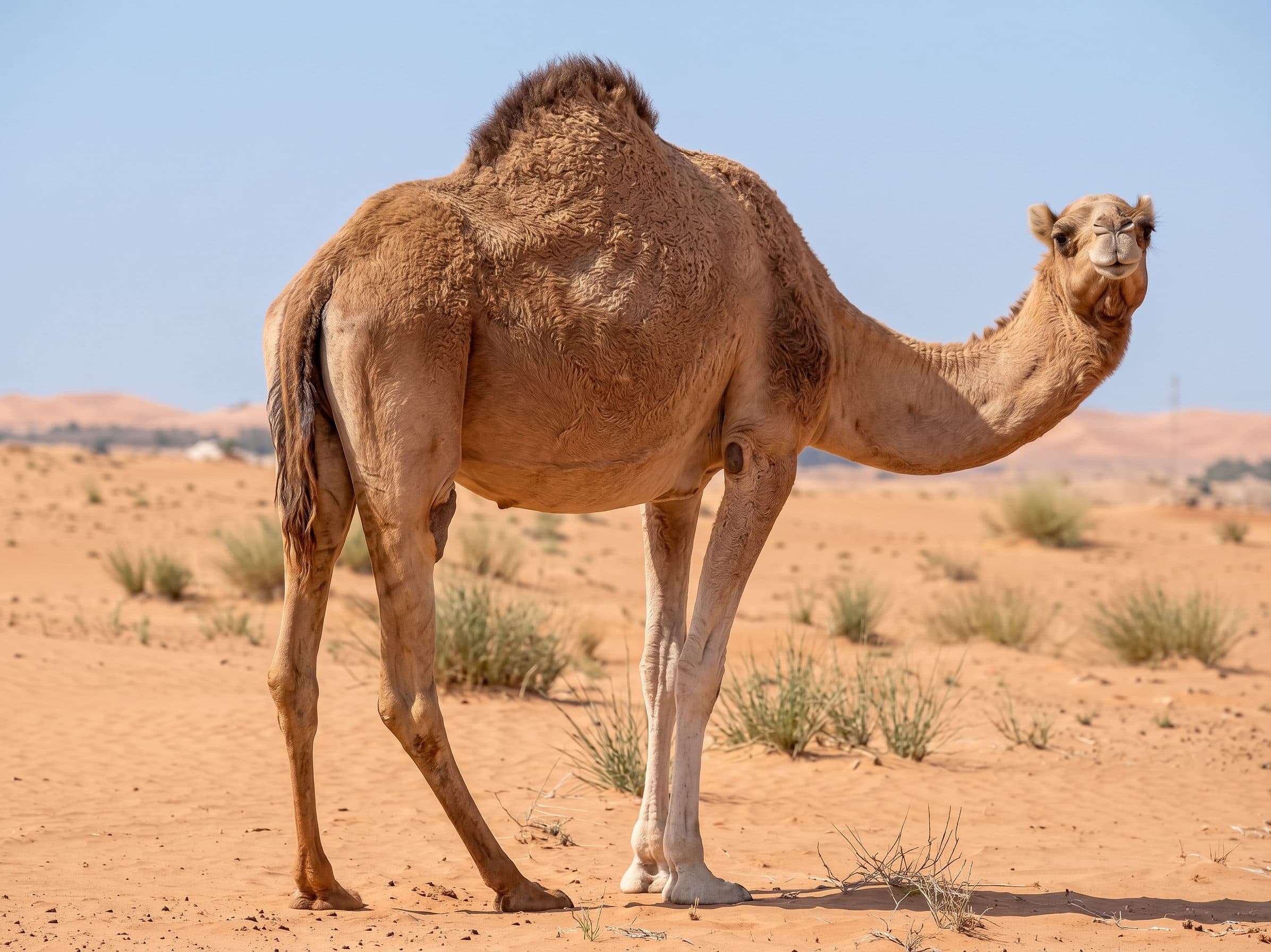 A camel standing in desert dunes, enhanced